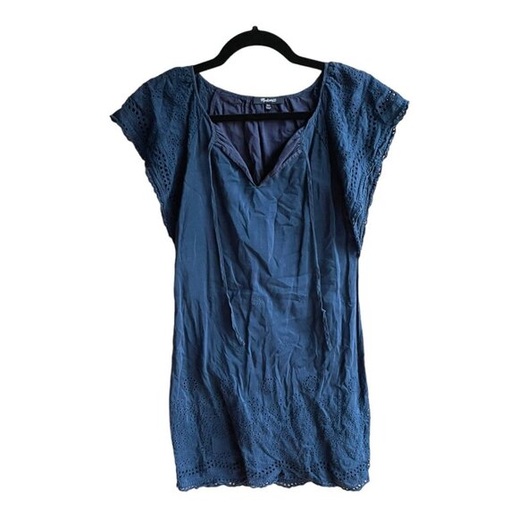 Madewell Size XXS Navy Blue Cotton Silk Eyelet Flutter Sleeve Shimmer Mini Dress - Picture 2 of 7